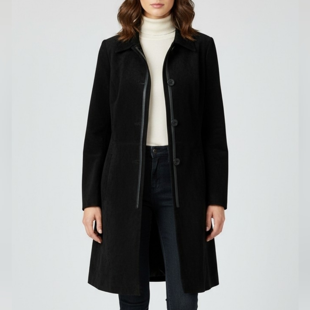 Women's Black Suede Leather Trench Coat Spring Jacket Vintage